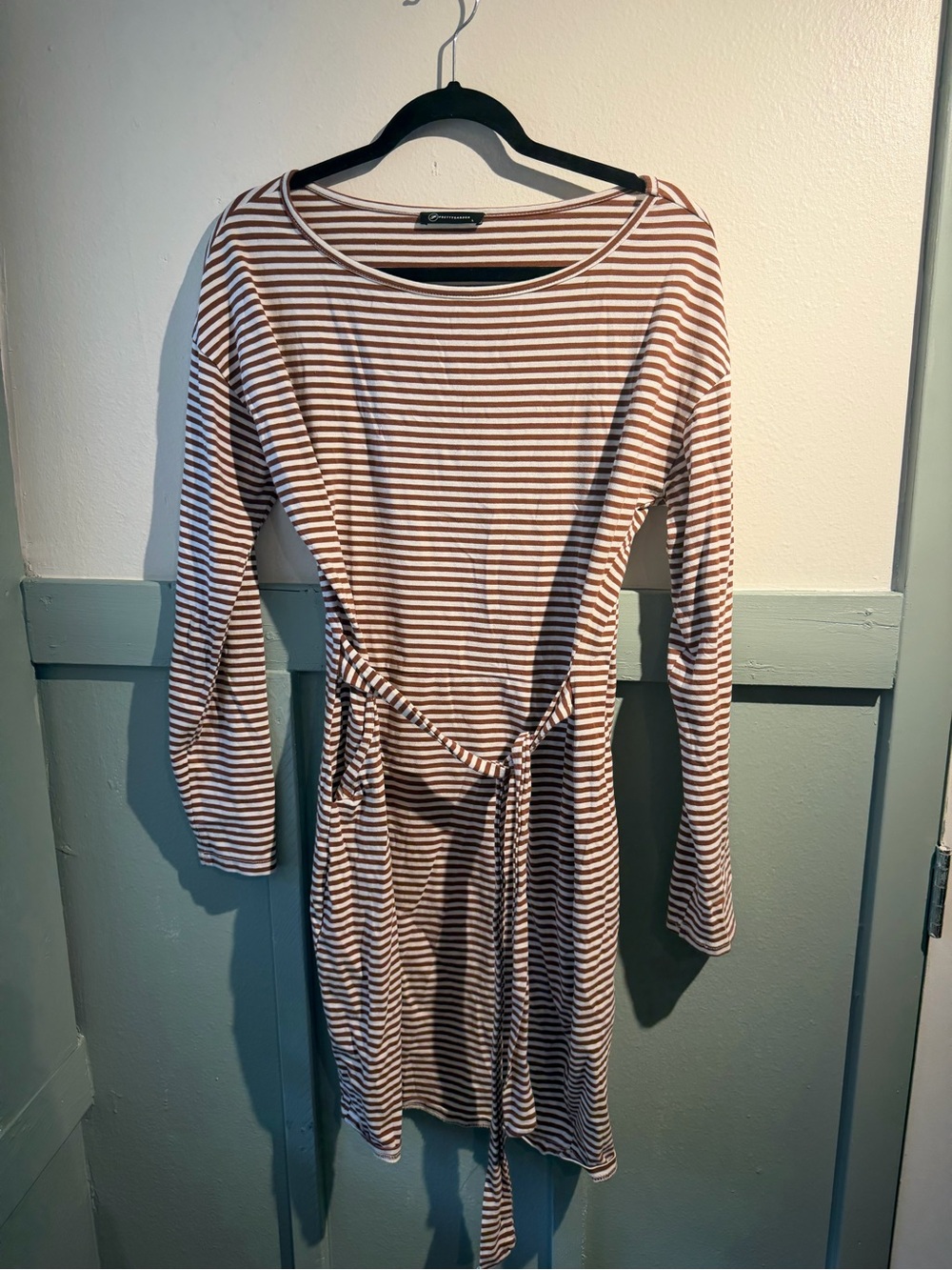 Striped Tie-Waist Midi Dress in Brown and White